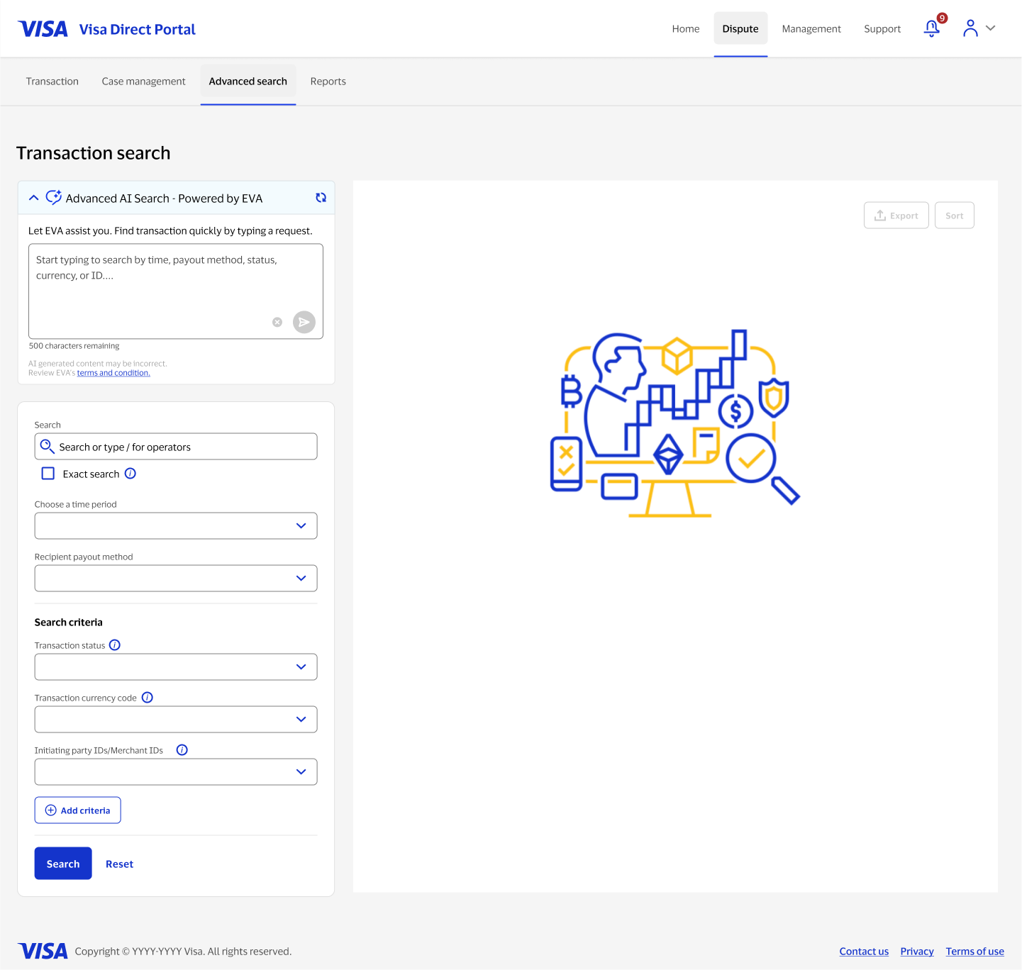 EVA search box after accepting terms, with guided placeholder text